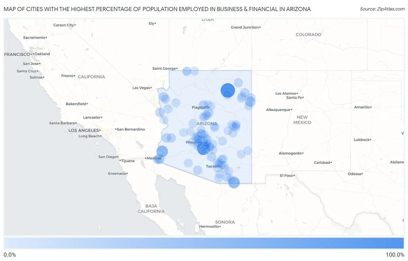 Cities with the Highest Percentage of Population Employed in Business & Financial in Arizona Map