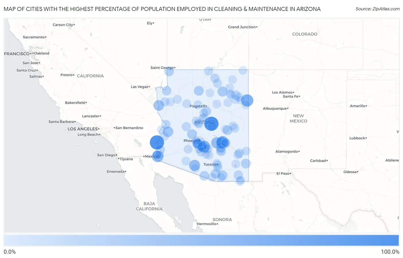 Cities with the Highest Percentage of Population Employed in Cleaning & Maintenance in Arizona Map