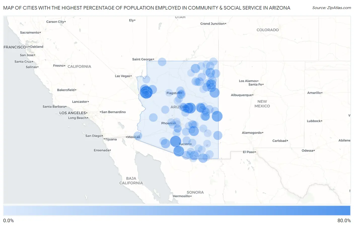 Cities with the Highest Percentage of Population Employed in Community & Social Service  in Arizona Map