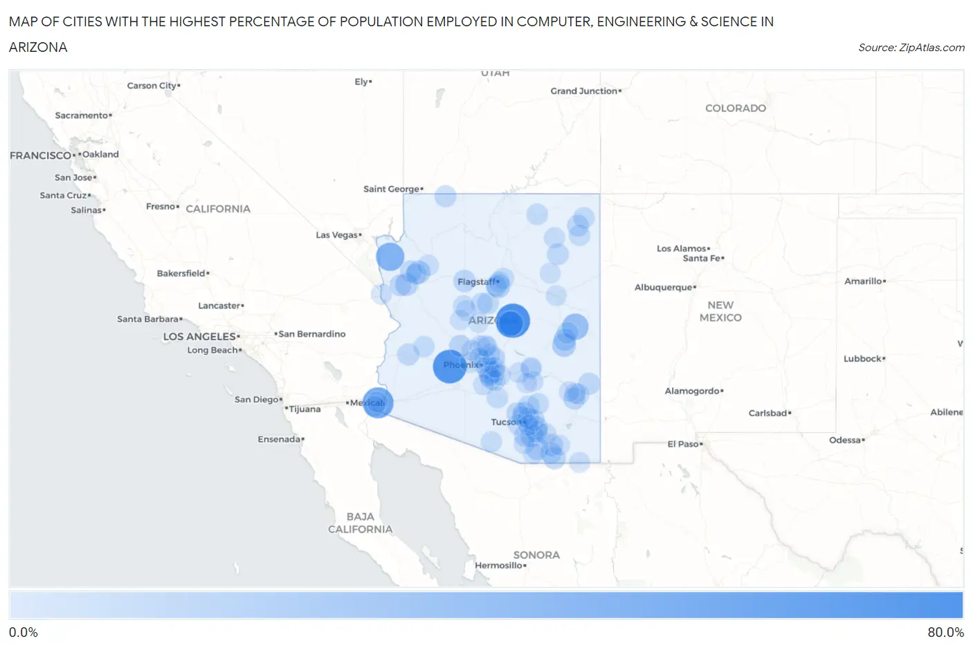 Cities with the Highest Percentage of Population Employed in Computer, Engineering & Science in Arizona Map