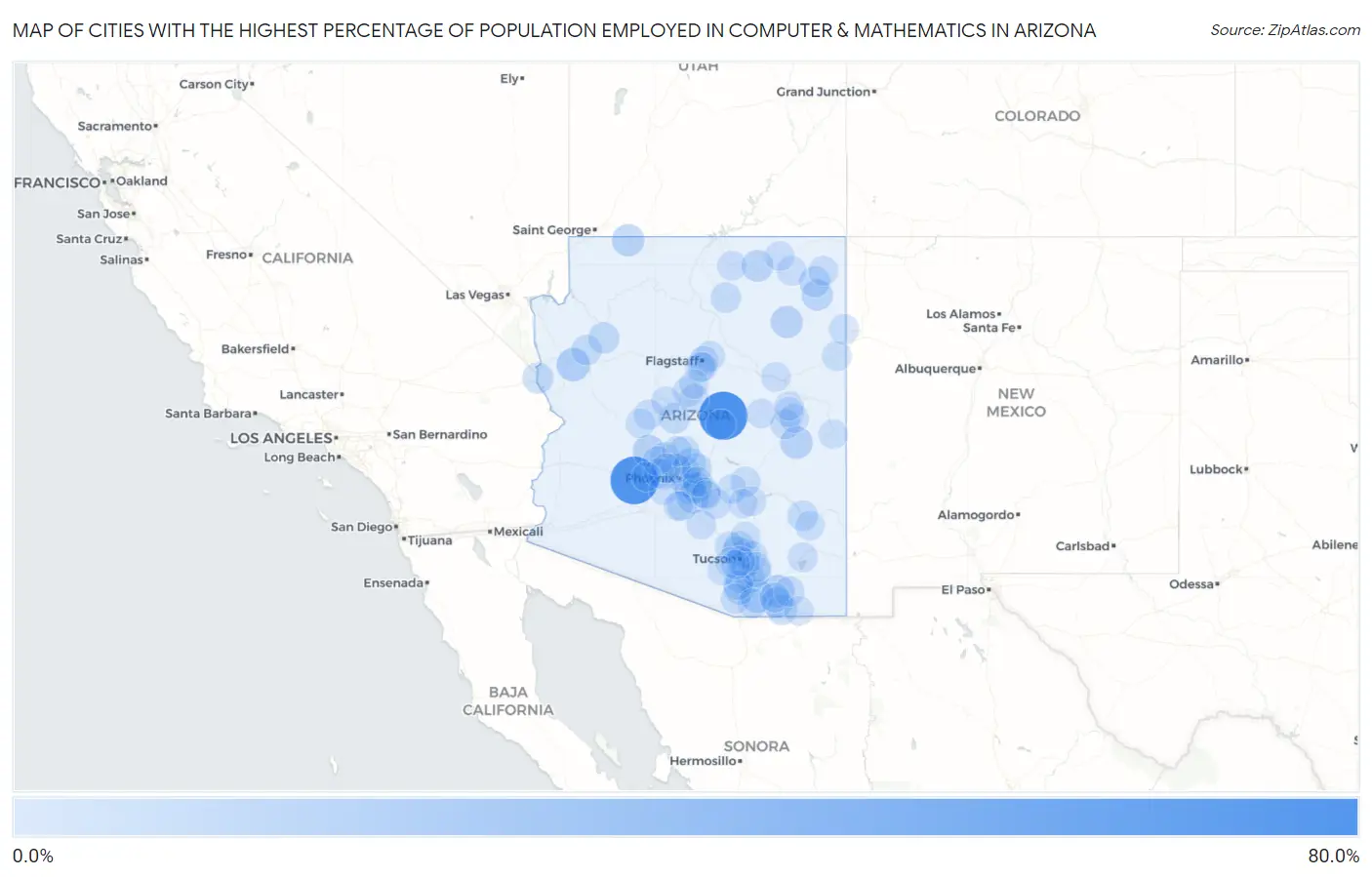 Cities with the Highest Percentage of Population Employed in Computer & Mathematics in Arizona Map