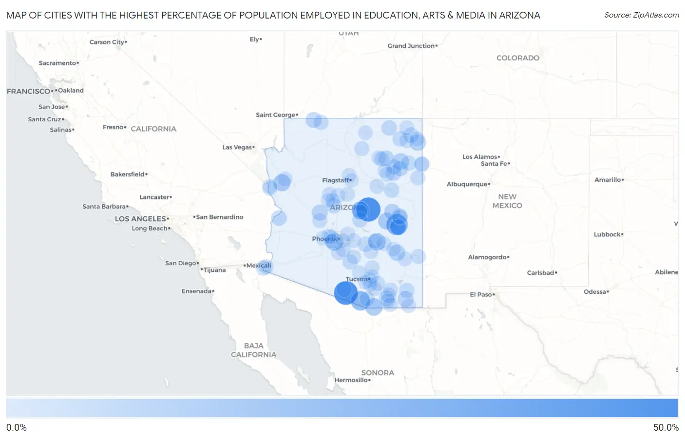 Cities with the Highest Percentage of Population Employed in Education, Arts & Media in Arizona Map