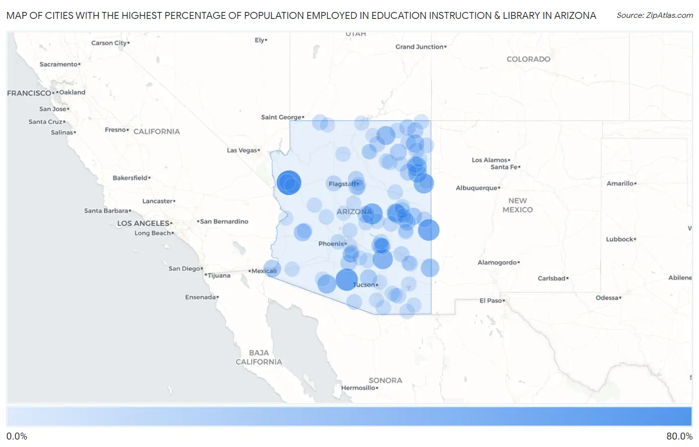 Cities with the Highest Percentage of Population Employed in Education Instruction & Library in Arizona Map