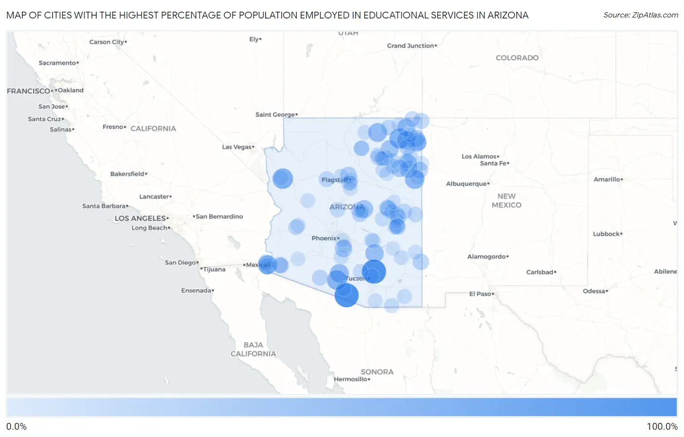 Cities with the Highest Percentage of Population Employed in Educational Services in Arizona Map