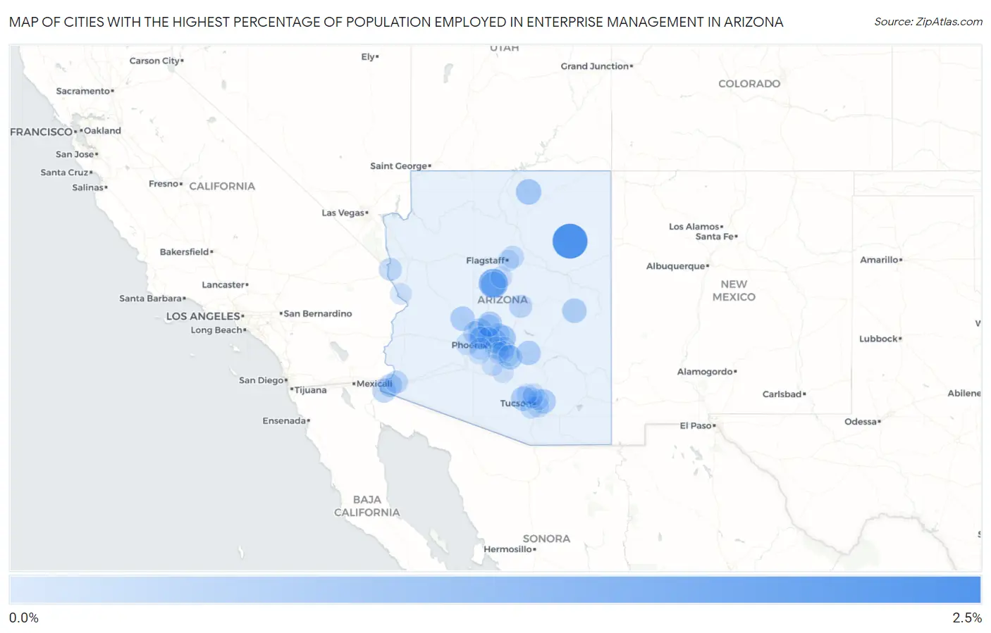 Cities with the Highest Percentage of Population Employed in Enterprise Management in Arizona Map
