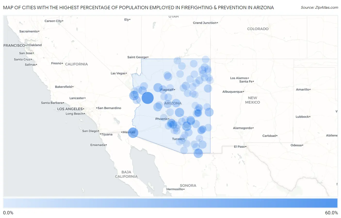 Cities with the Highest Percentage of Population Employed in Firefighting & Prevention in Arizona Map