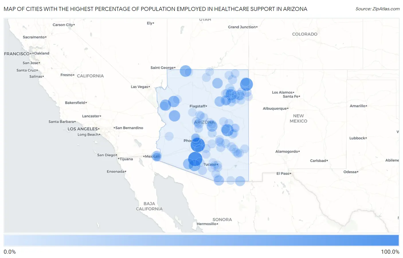 Cities with the Highest Percentage of Population Employed in Healthcare Support in Arizona Map