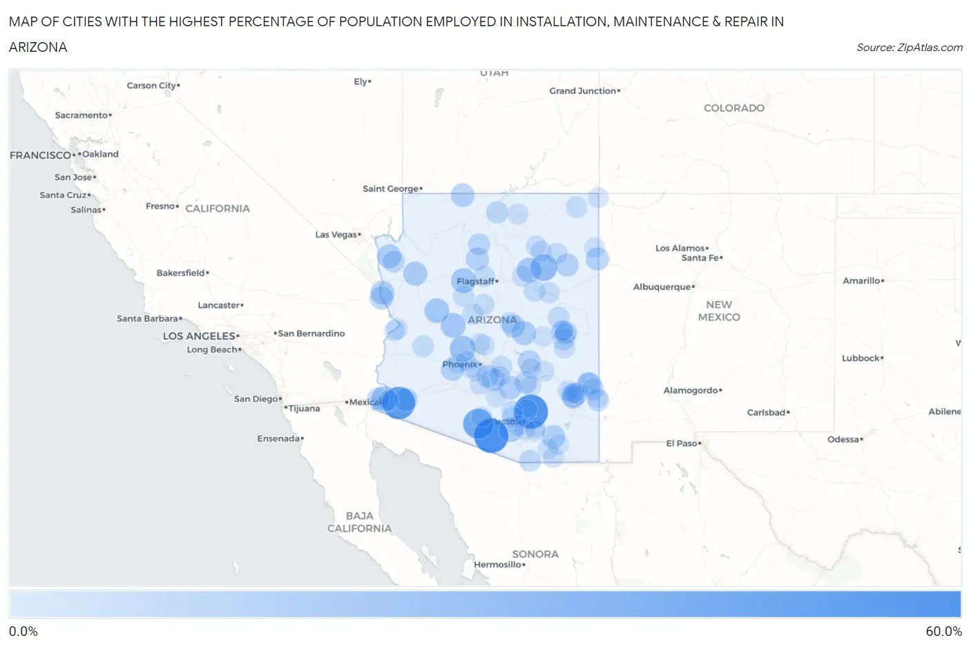 Cities with the Highest Percentage of Population Employed in Installation, Maintenance & Repair in Arizona Map