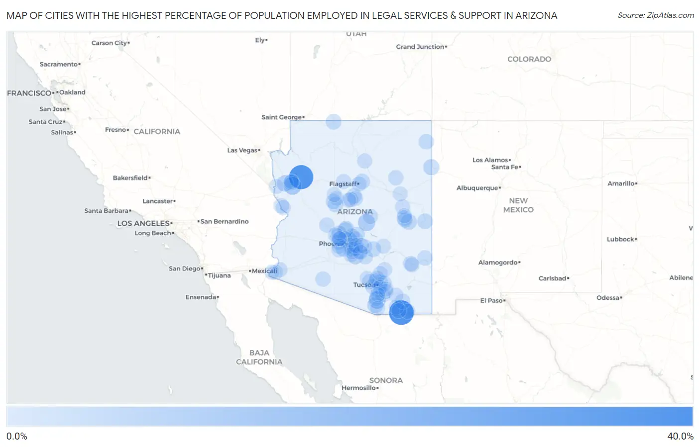Cities with the Highest Percentage of Population Employed in Legal Services & Support in Arizona Map