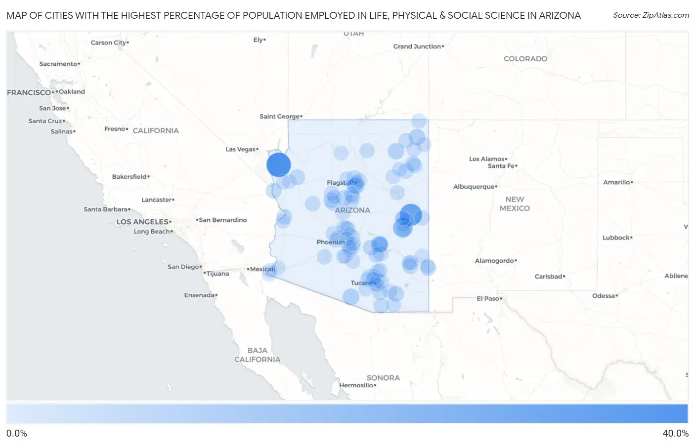 Cities with the Highest Percentage of Population Employed in Life, Physical & Social Science in Arizona Map