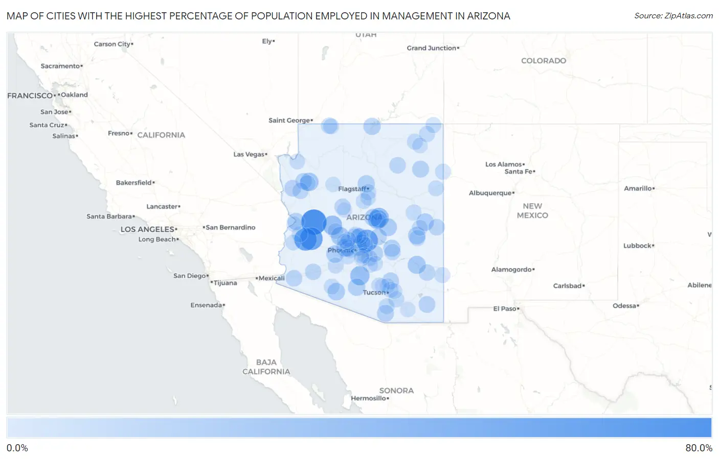 Cities with the Highest Percentage of Population Employed in Management in Arizona Map