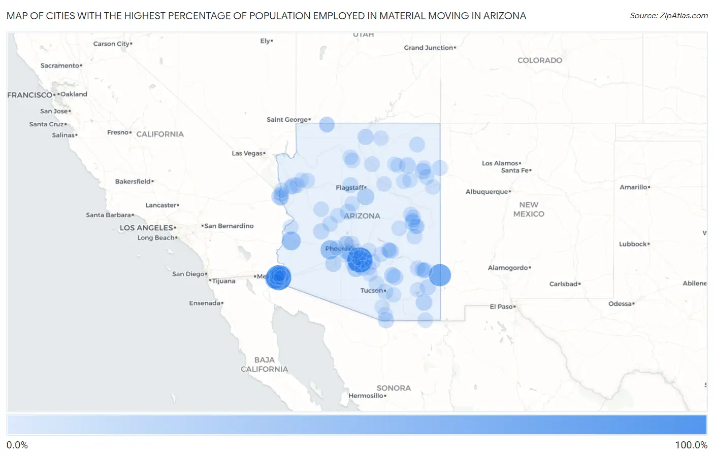 Cities with the Highest Percentage of Population Employed in Material Moving in Arizona Map