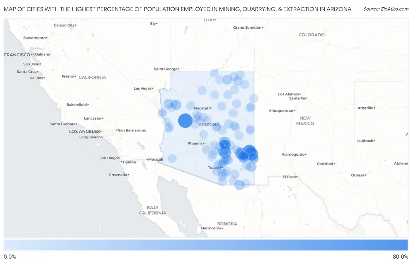 Cities with the Highest Percentage of Population Employed in Mining, Quarrying, & Extraction in Arizona Map