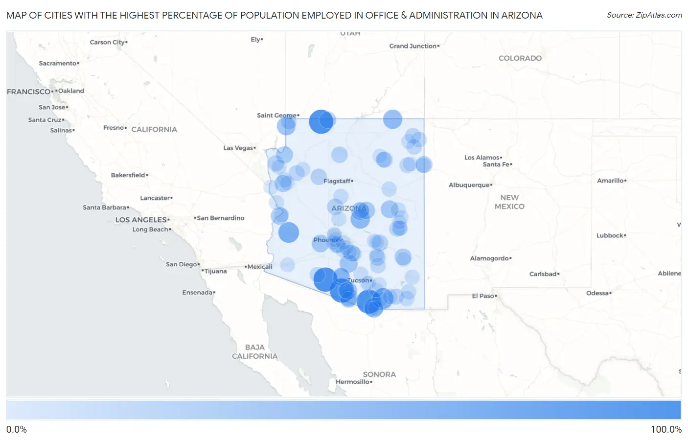 Cities with the Highest Percentage of Population Employed in Office & Administration in Arizona Map