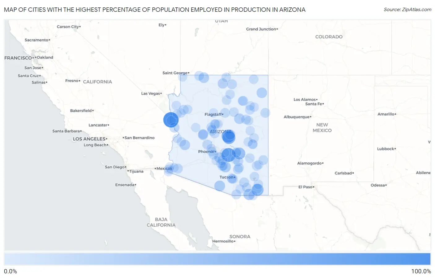 Cities with the Highest Percentage of Population Employed in Production in Arizona Map