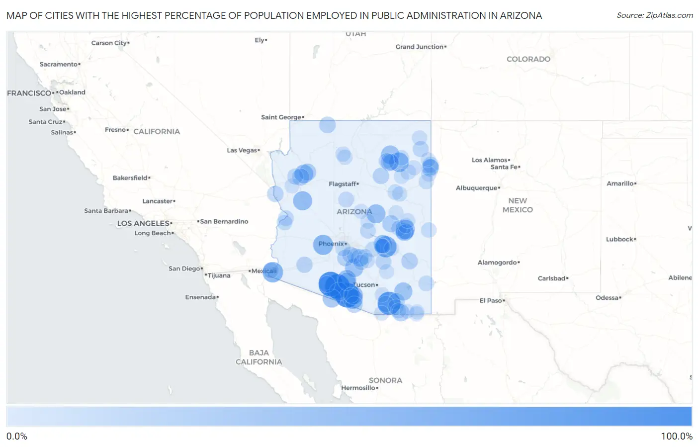 Cities with the Highest Percentage of Population Employed in Public Administration in Arizona Map