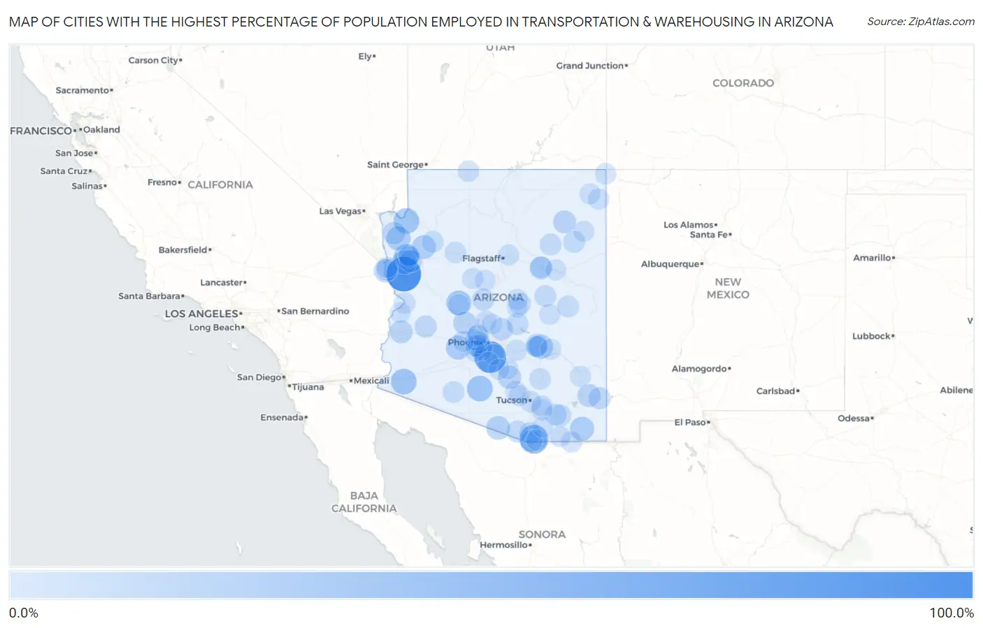 Cities with the Highest Percentage of Population Employed in Transportation & Warehousing in Arizona Map
