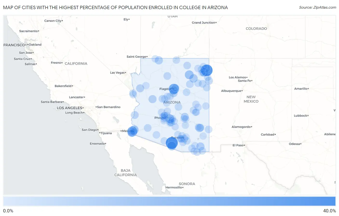 Cities with the Highest Percentage of Population Enrolled in College in Arizona Map