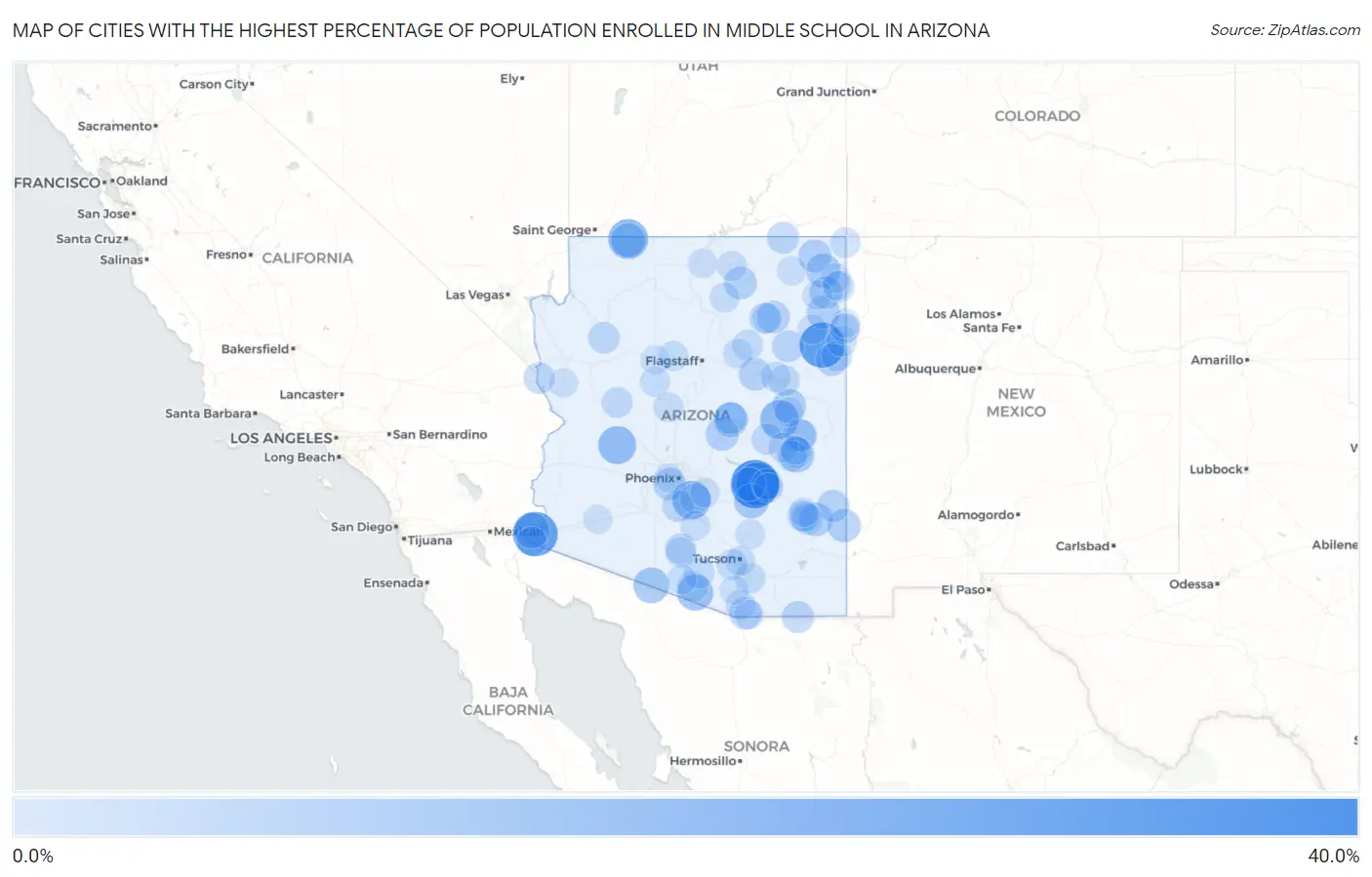 Cities with the Highest Percentage of Population Enrolled in Middle School in Arizona Map
