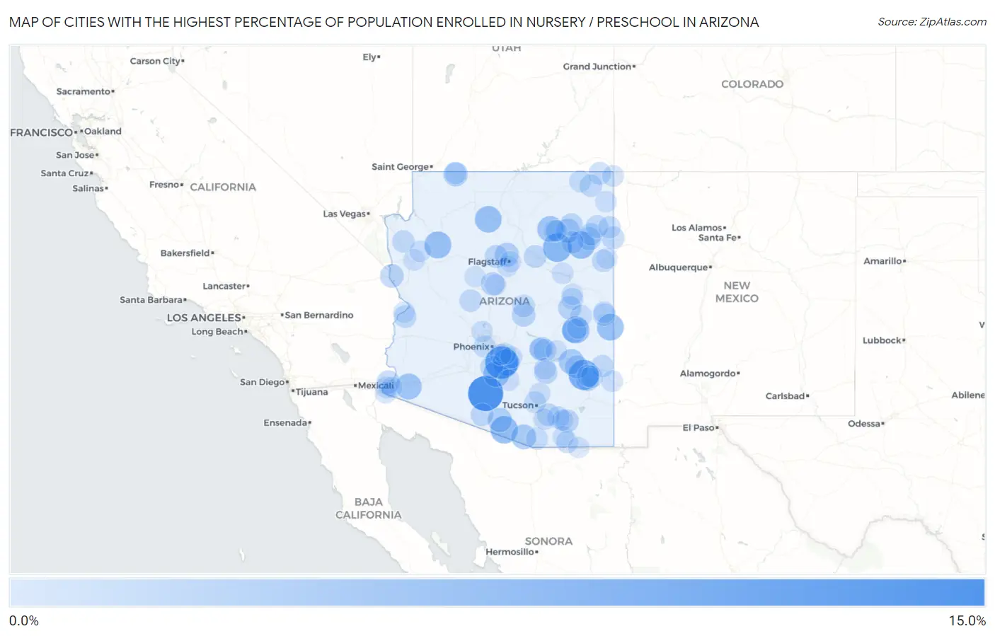 Cities with the Highest Percentage of Population Enrolled in Nursery / Preschool in Arizona Map