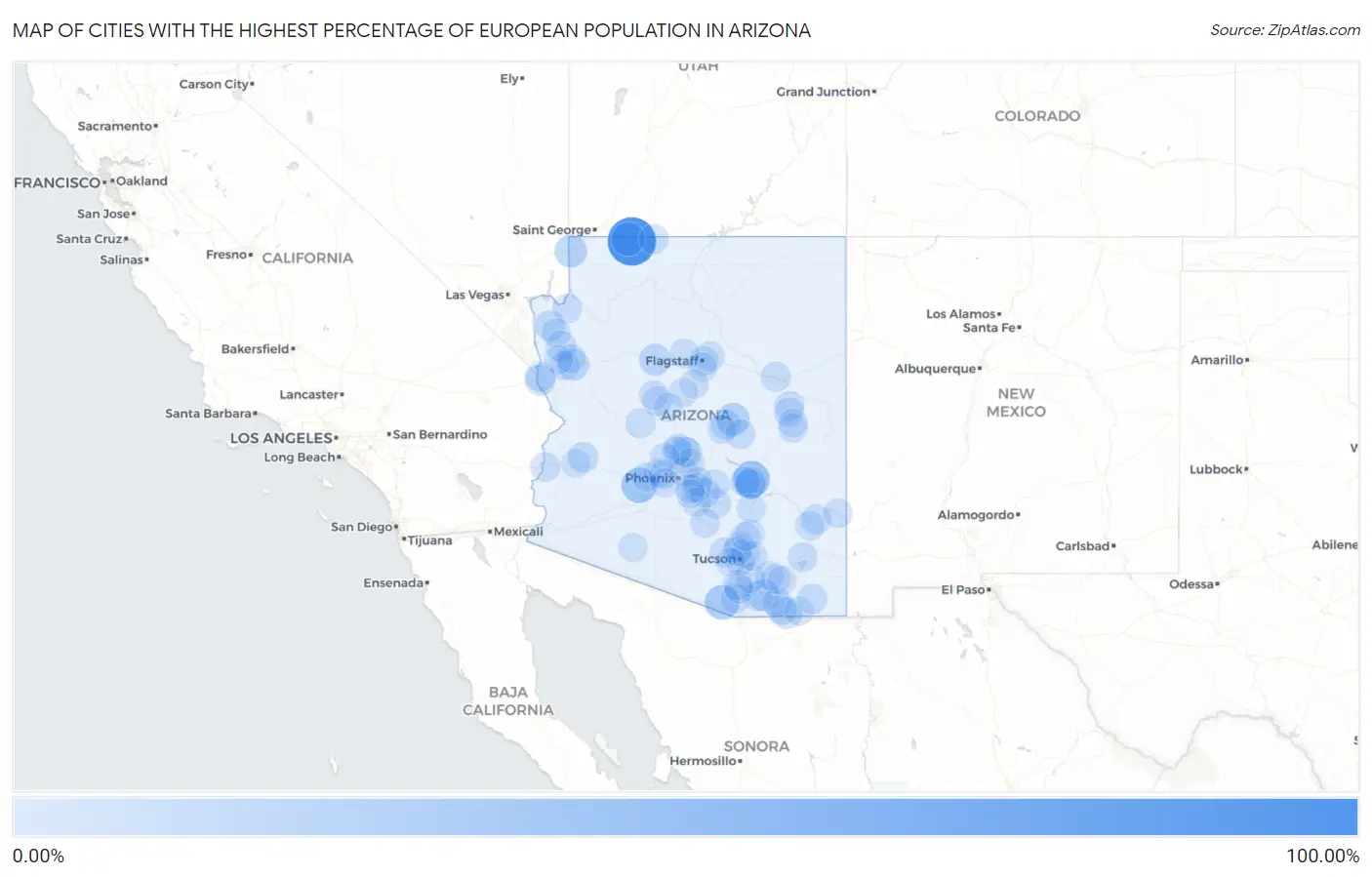Cities with the Highest Percentage of European Population in Arizona Map