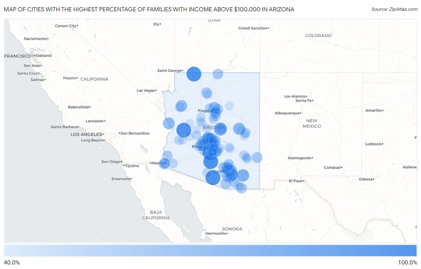Cities with the Highest Percentage of Families with Income Above $100,000 in Arizona Map