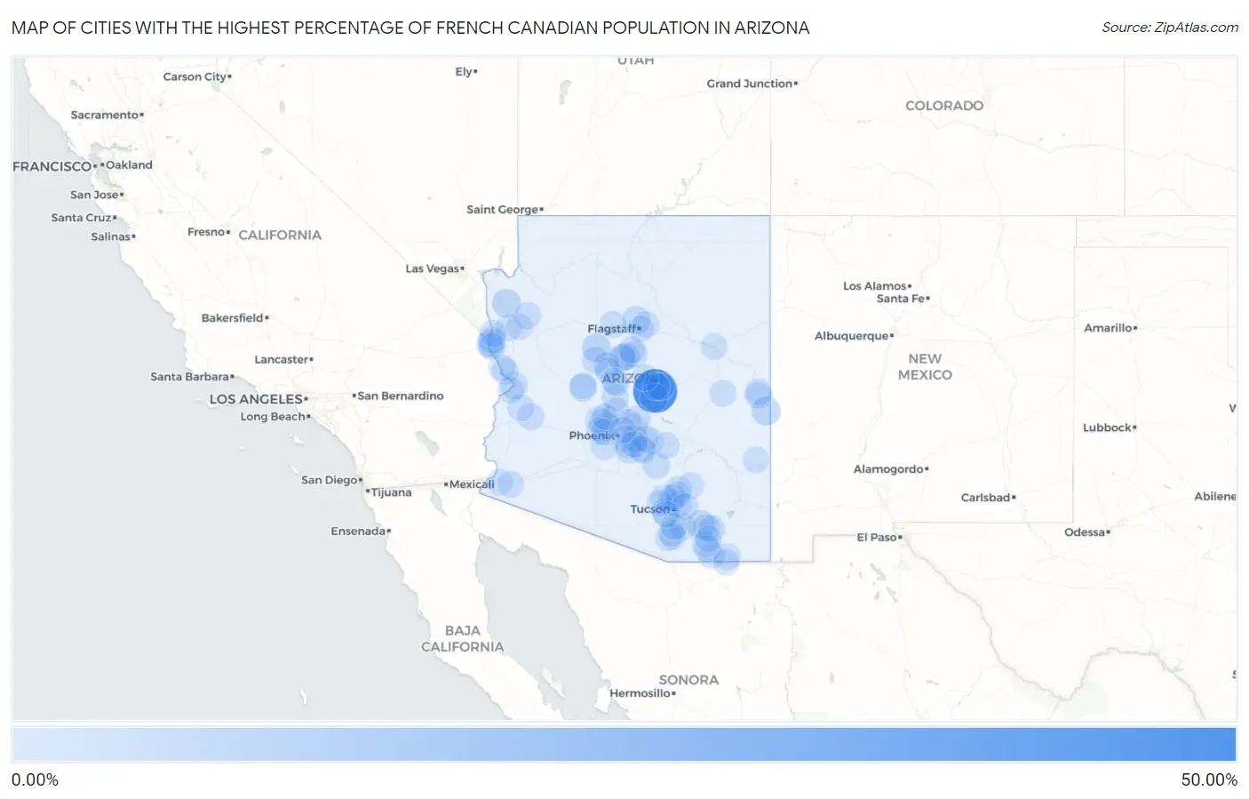 Cities with the Highest Percentage of French Canadian Population in Arizona Map