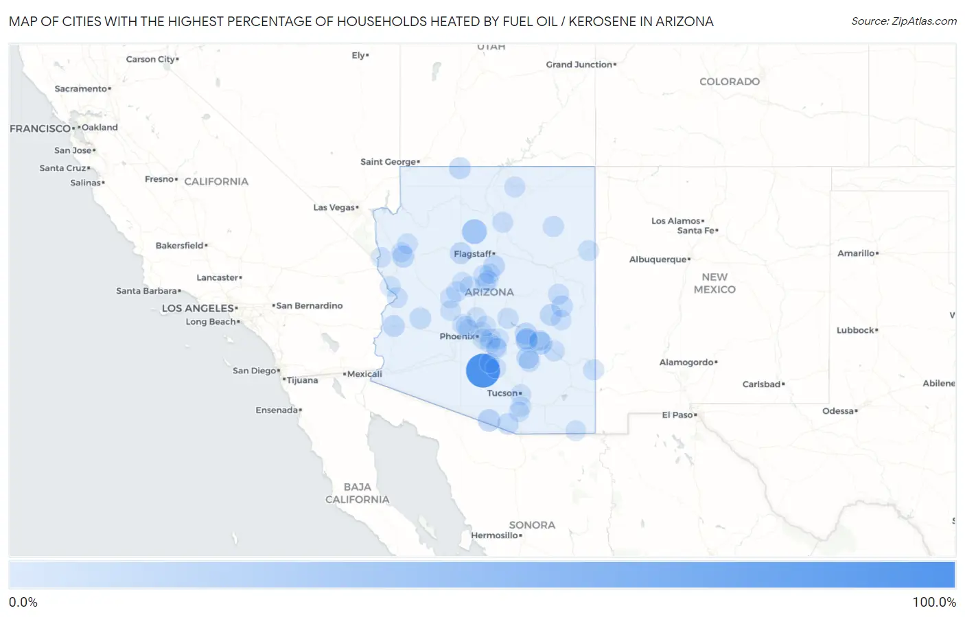 Cities with the Highest Percentage of Households Heated by Fuel Oil / Kerosene in Arizona Map