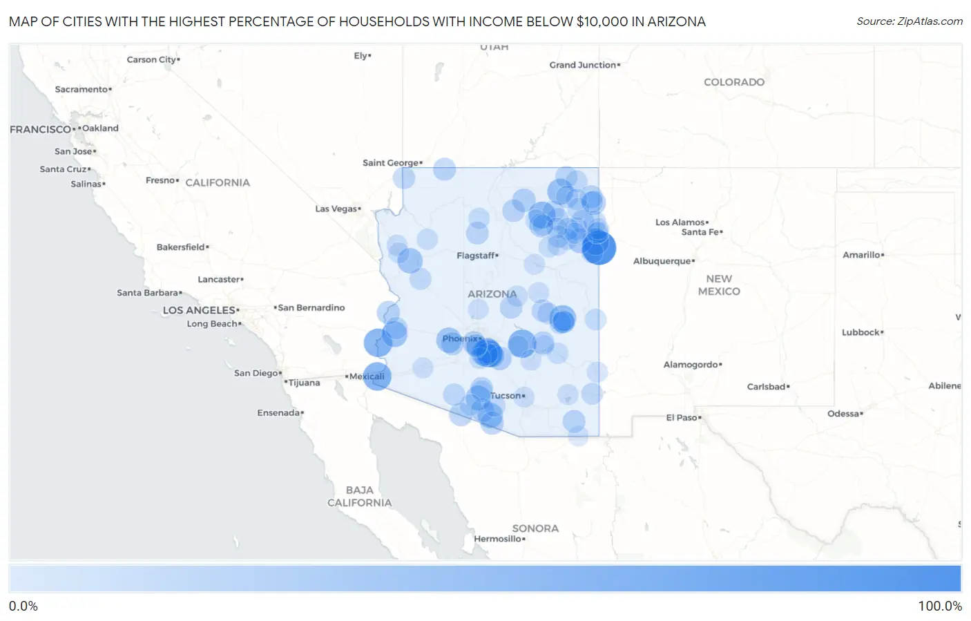 Cities with the Highest Percentage of Households with Income Below $10,000 in Arizona Map