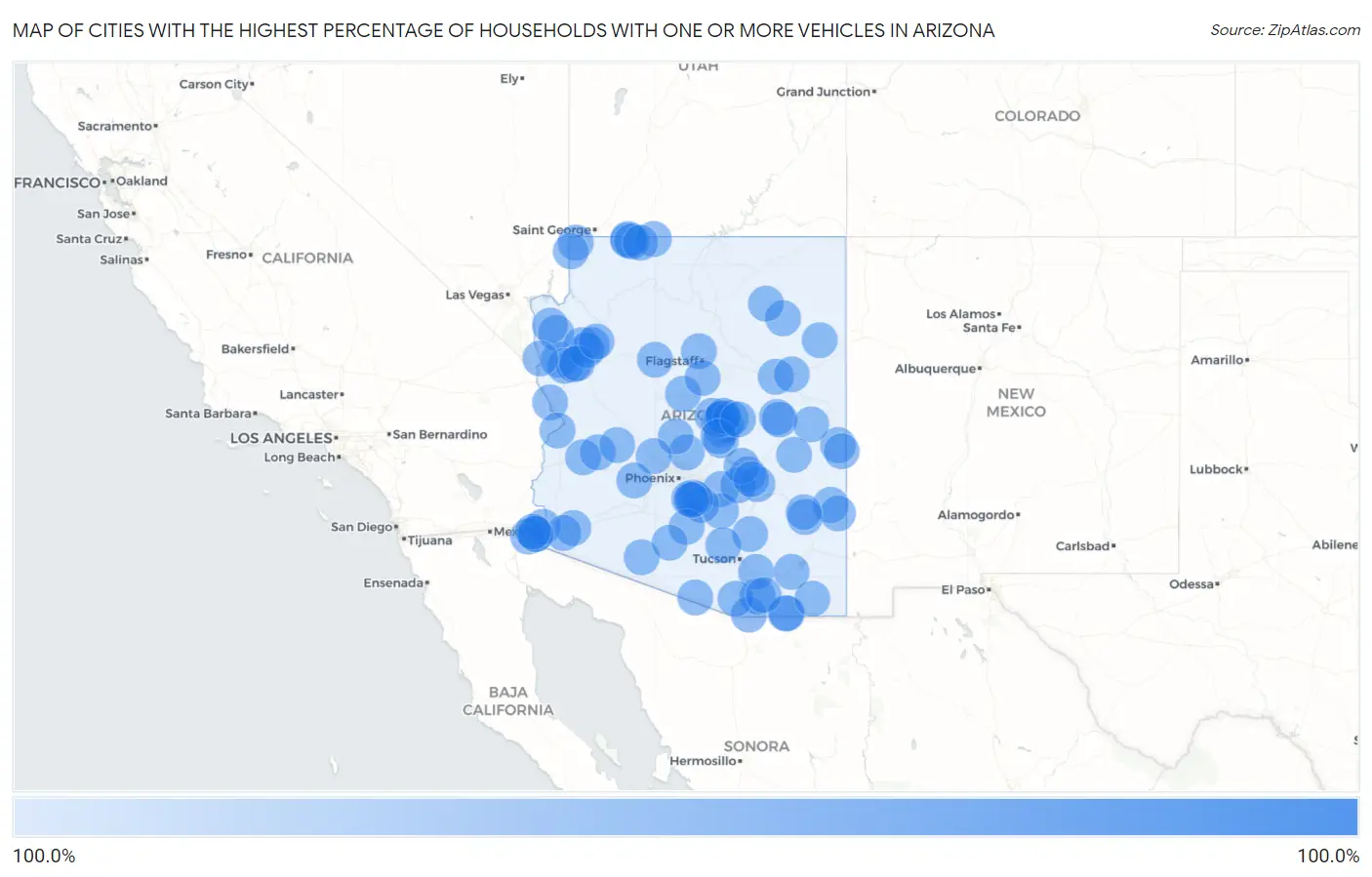 Cities with the Highest Percentage of Households With One or more Vehicles in Arizona Map