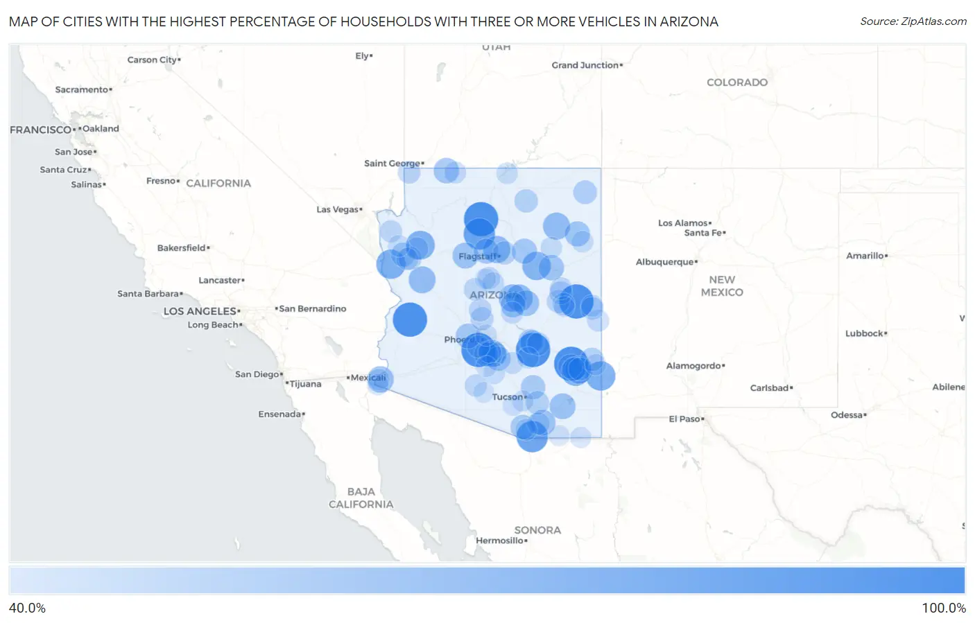 Cities with the Highest Percentage of Households With Three or more Vehicles in Arizona Map