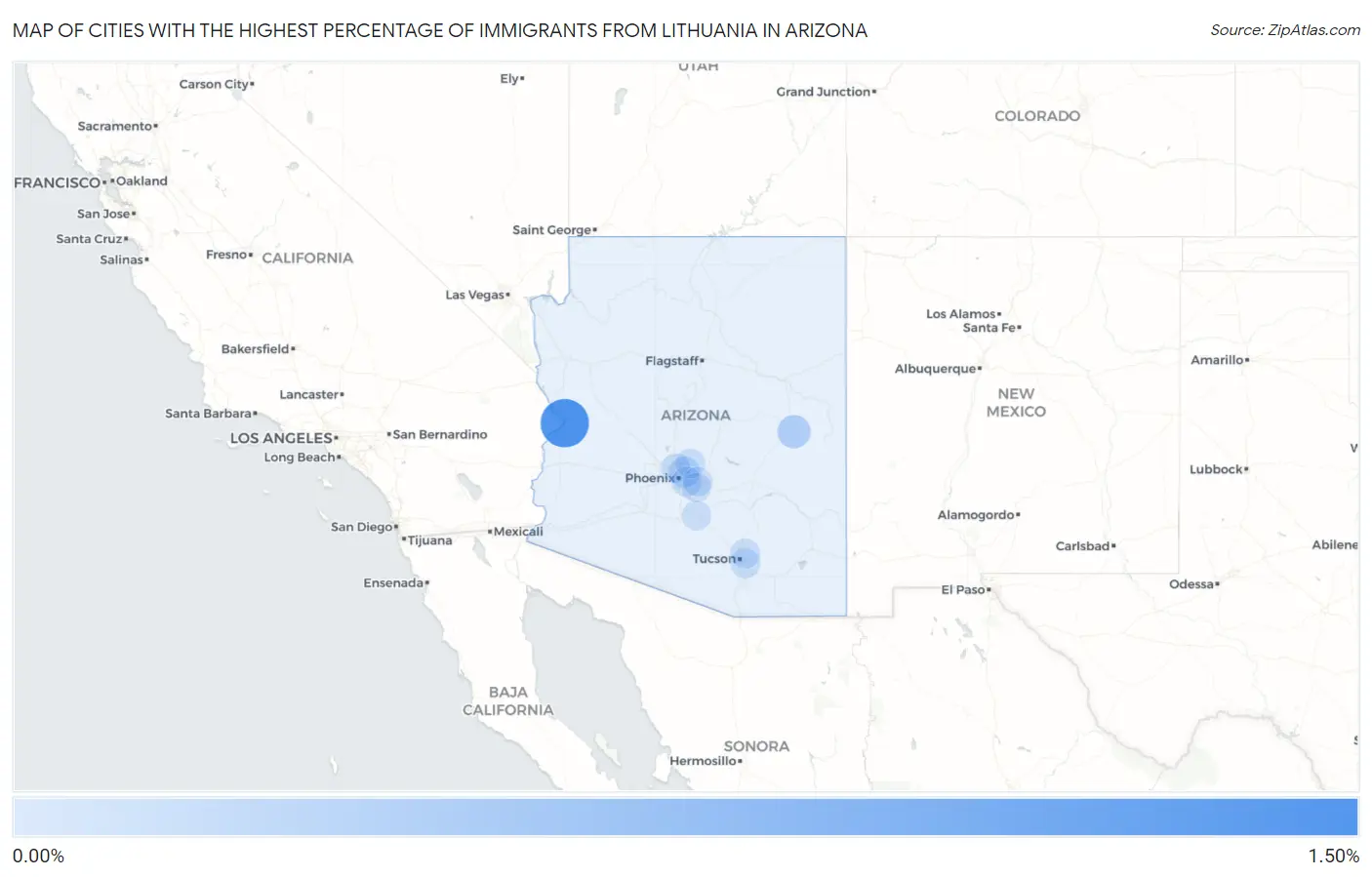 Cities with the Highest Percentage of Immigrants from Lithuania in Arizona Map