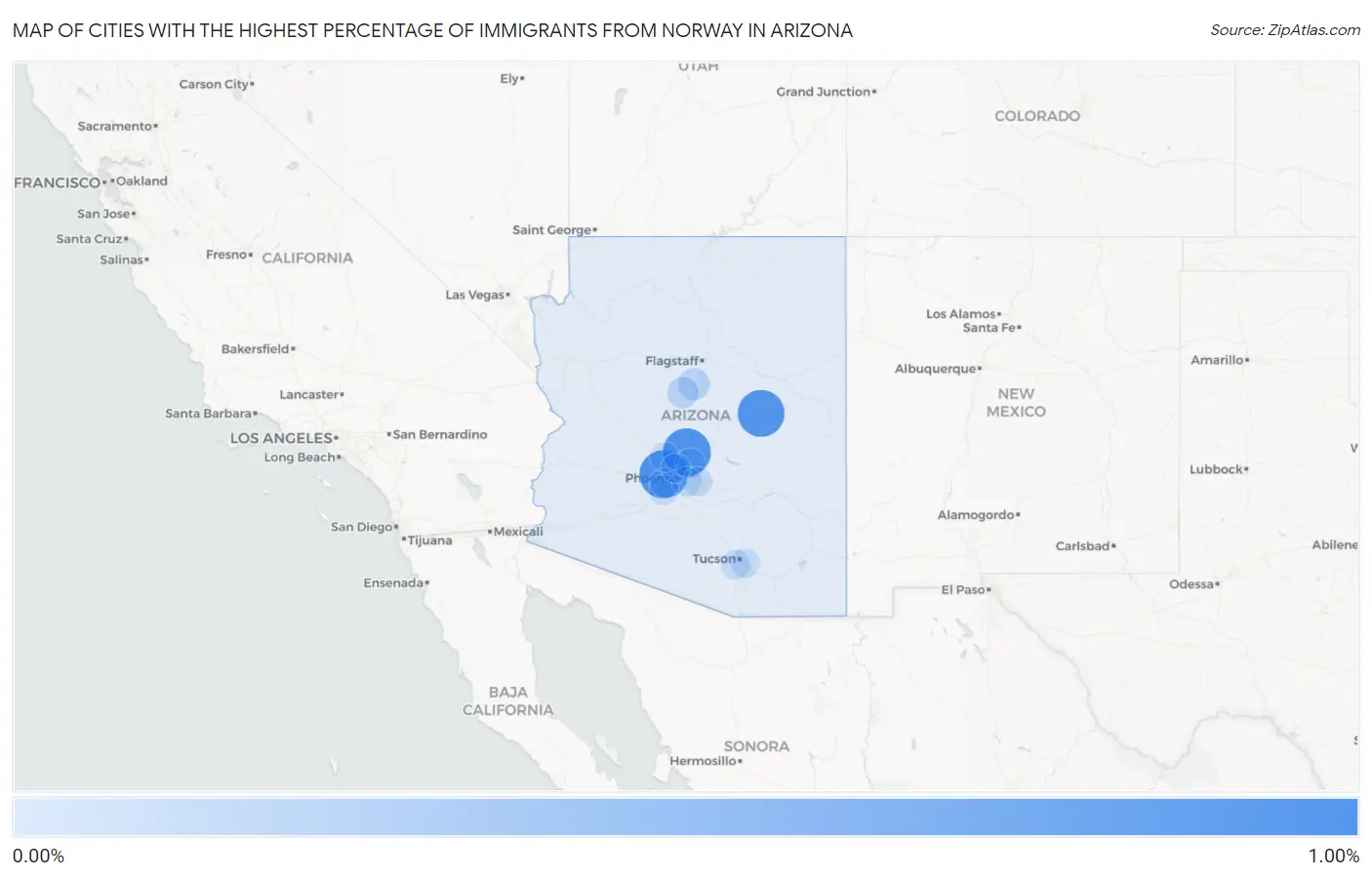 Cities with the Highest Percentage of Immigrants from Norway in Arizona Map