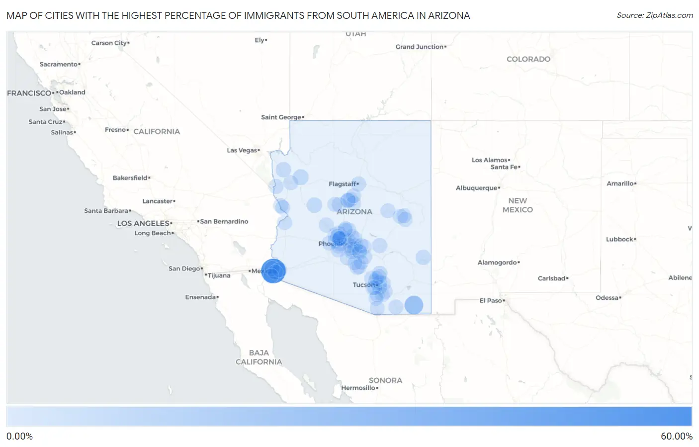 Cities with the Highest Percentage of Immigrants from South America in Arizona Map