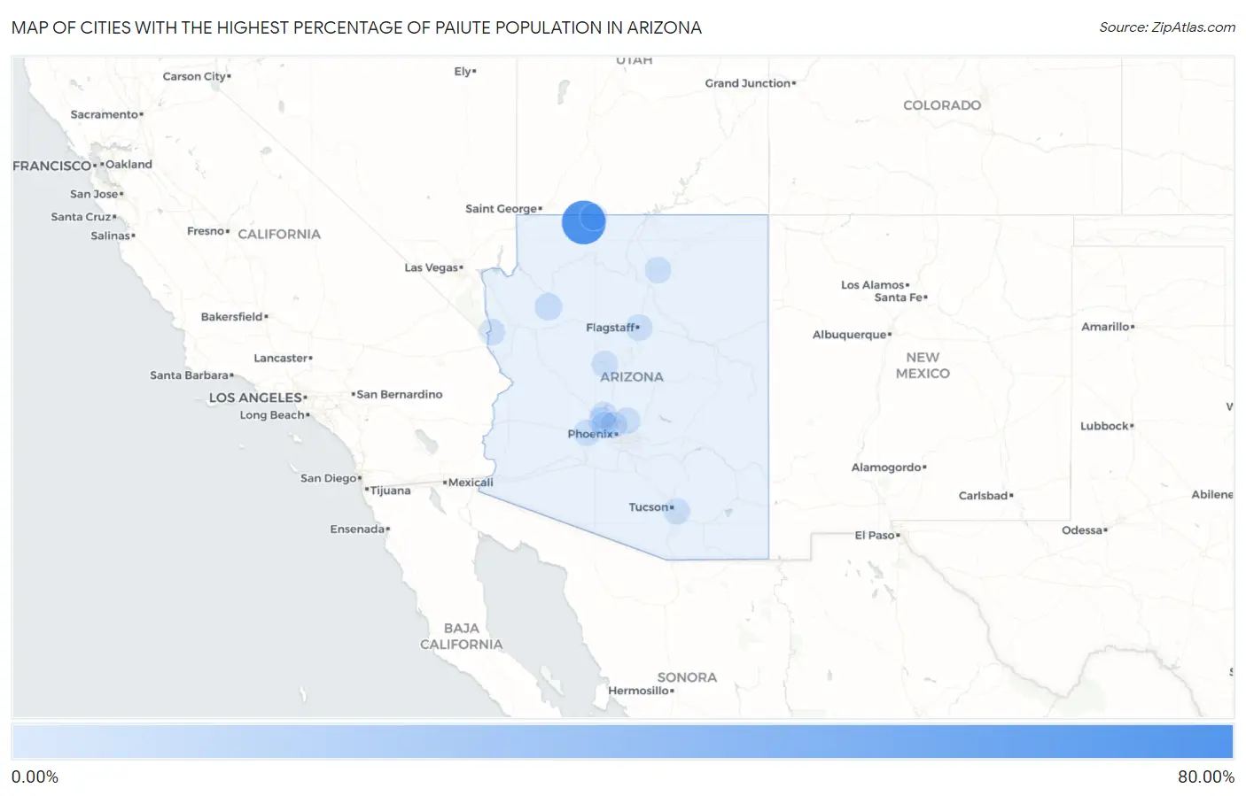 Cities with the Highest Percentage of Paiute Population in Arizona Map