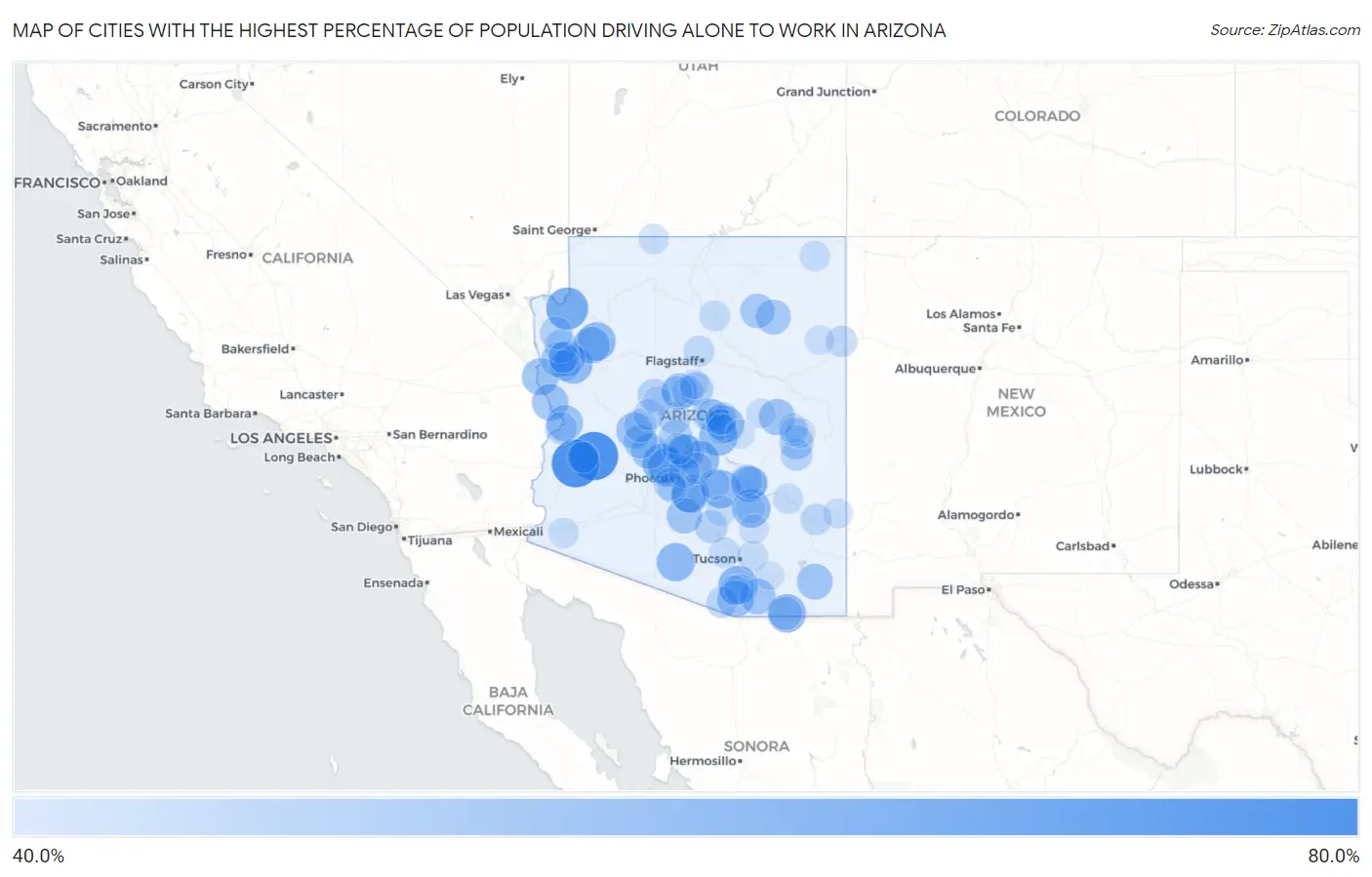 Cities with the Highest Percentage of Population Driving Alone to Work in Arizona Map