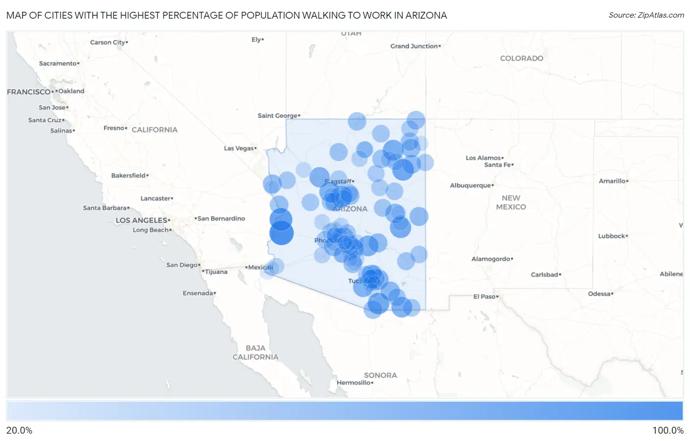 Cities with the Highest Percentage of Population Walking to Work in Arizona Map