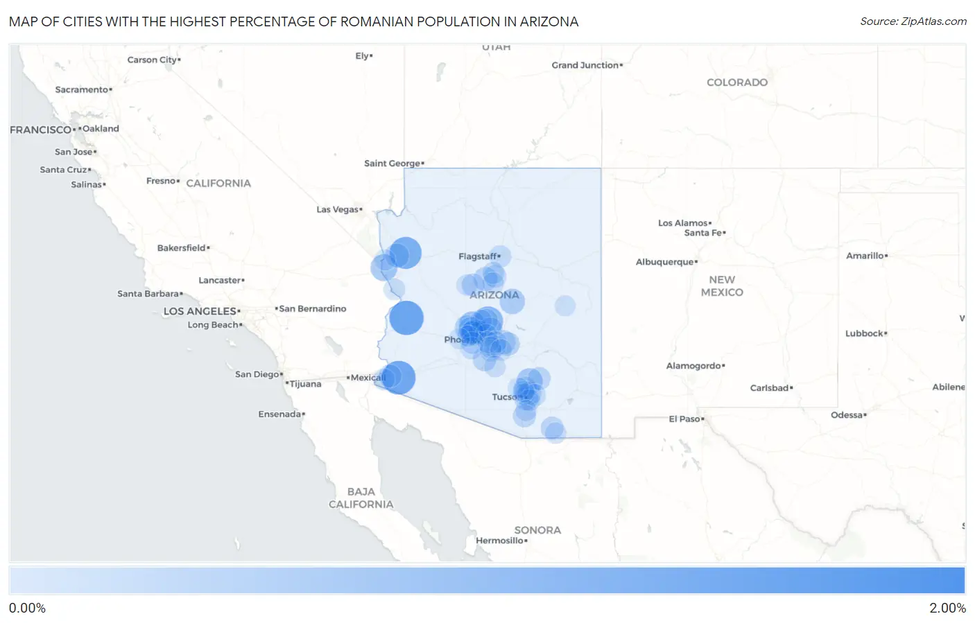 Cities with the Highest Percentage of Romanian Population in Arizona Map