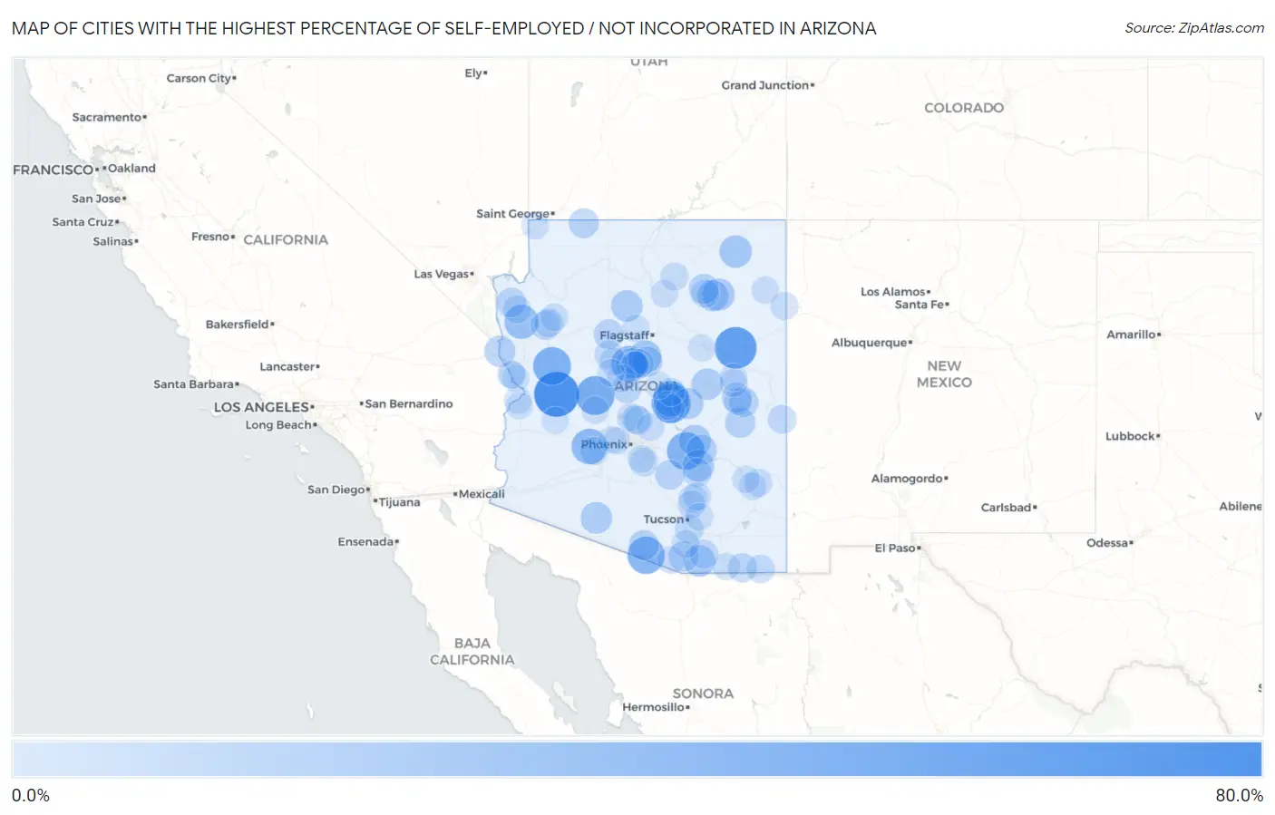 Cities with the Highest Percentage of Self-Employed / Not Incorporated in Arizona Map