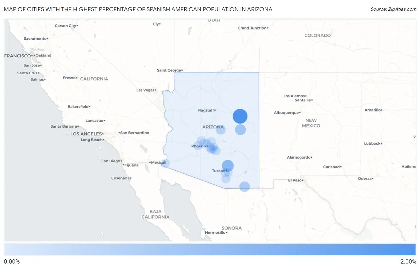 Cities with the Highest Percentage of Spanish American Population in Arizona Map
