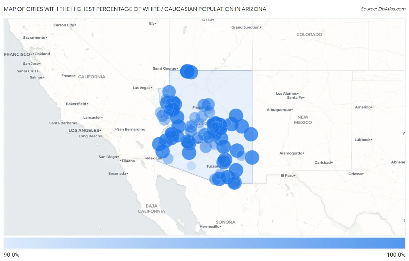 Cities with the Highest Percentage of White / Caucasian Population in Arizona Map