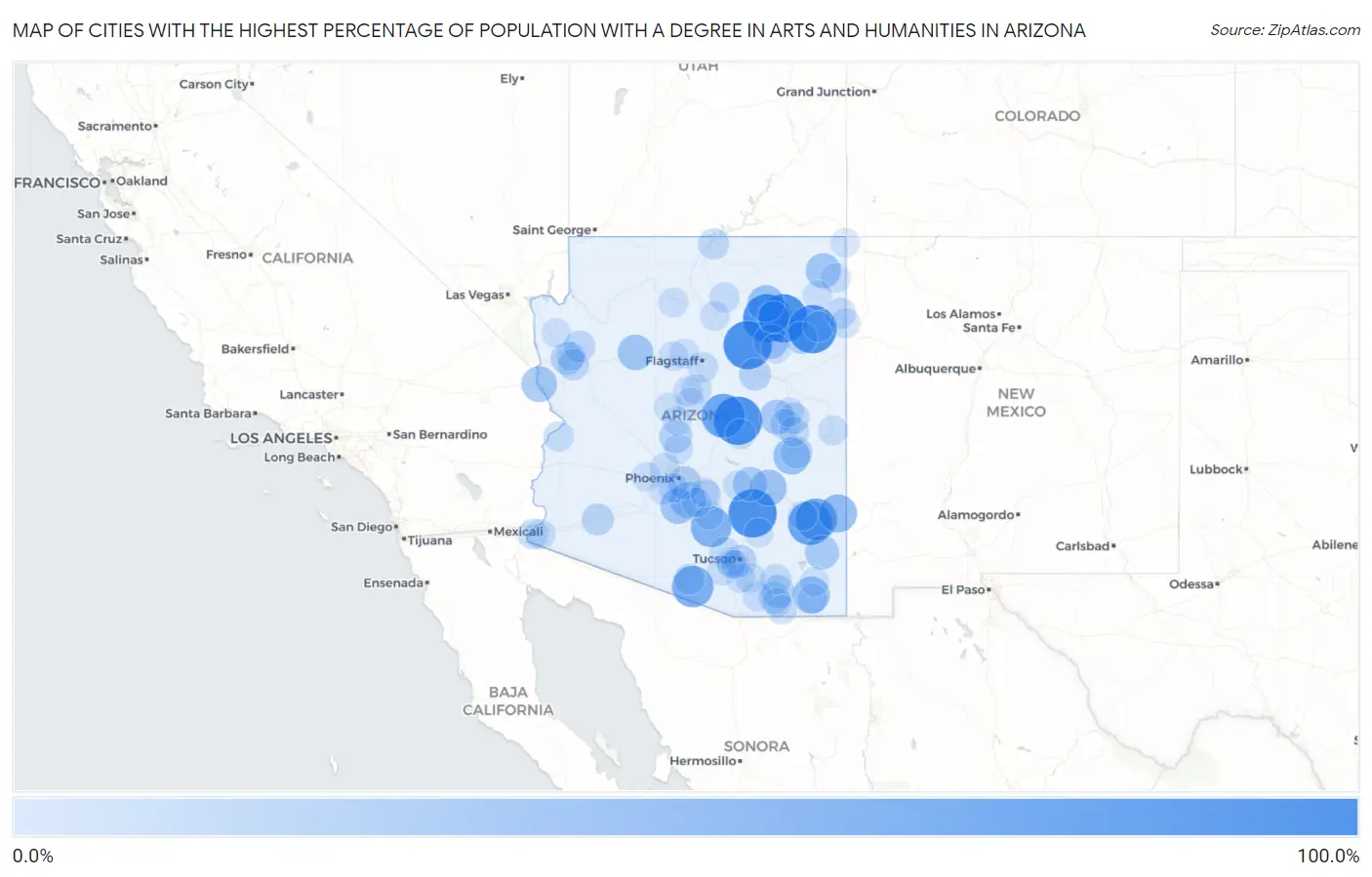 Cities with the Highest Percentage of Population with a Degree in Arts and Humanities in Arizona Map