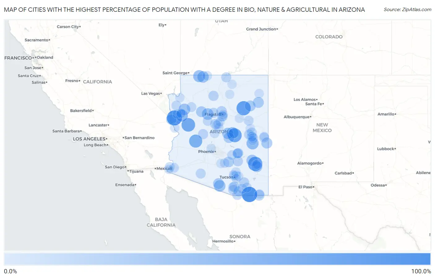 Cities with the Highest Percentage of Population with a Degree in Bio, Nature & Agricultural in Arizona Map