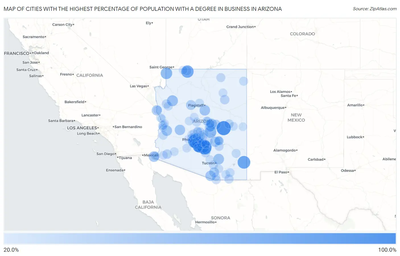 Cities with the Highest Percentage of Population with a Degree in Business in Arizona Map