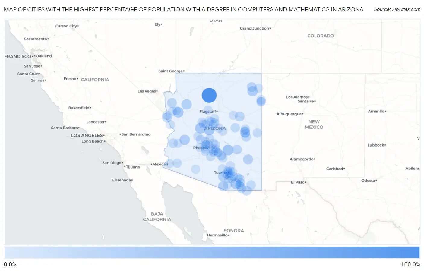 Cities with the Highest Percentage of Population with a Degree in Computers and Mathematics in Arizona Map