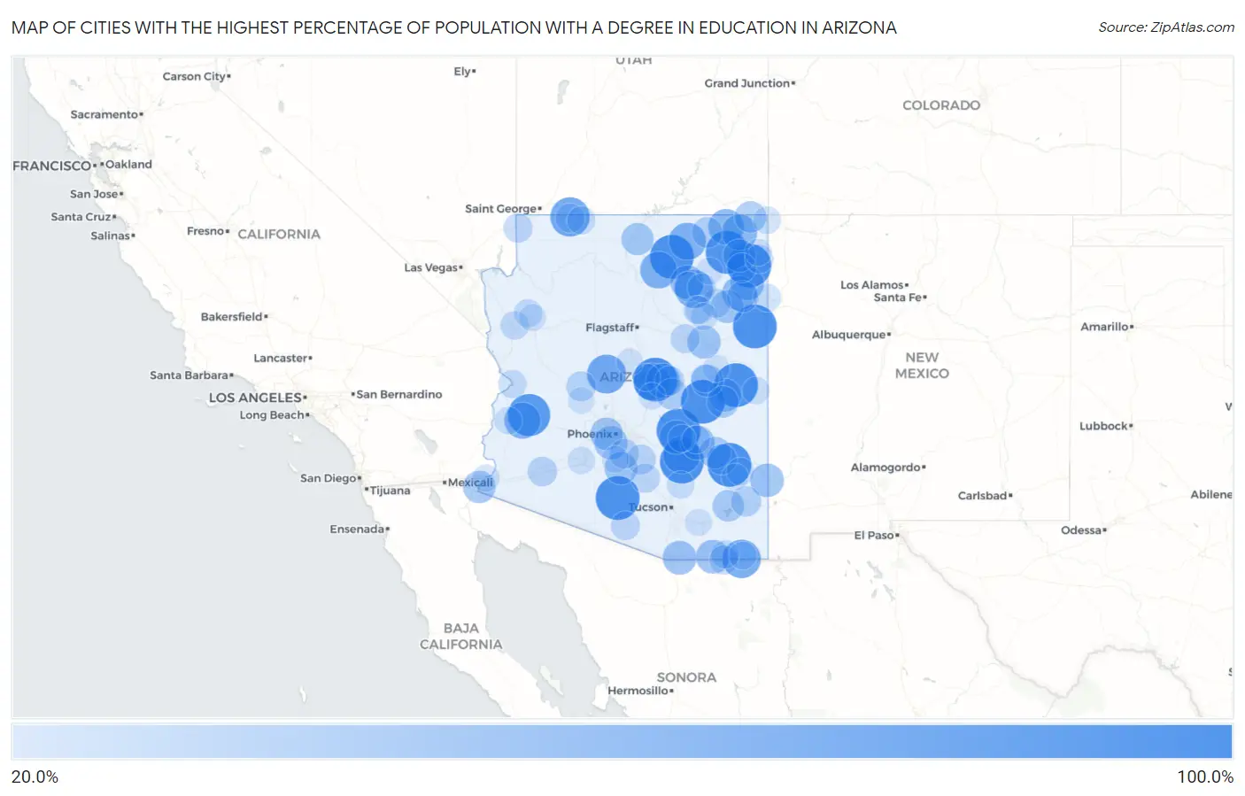 Cities with the Highest Percentage of Population with a Degree in Education in Arizona Map