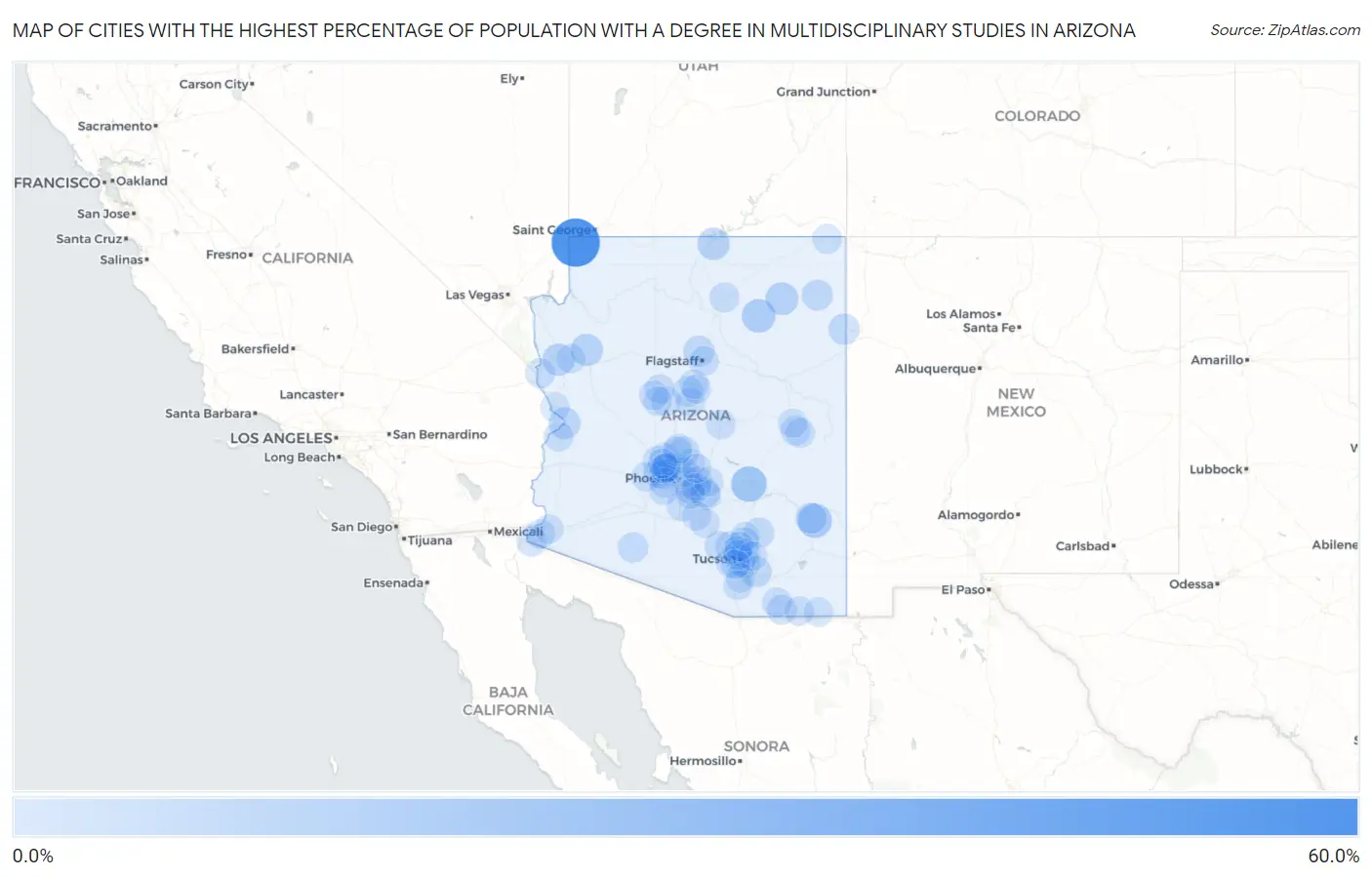 Cities with the Highest Percentage of Population with a Degree in Multidisciplinary Studies in Arizona Map