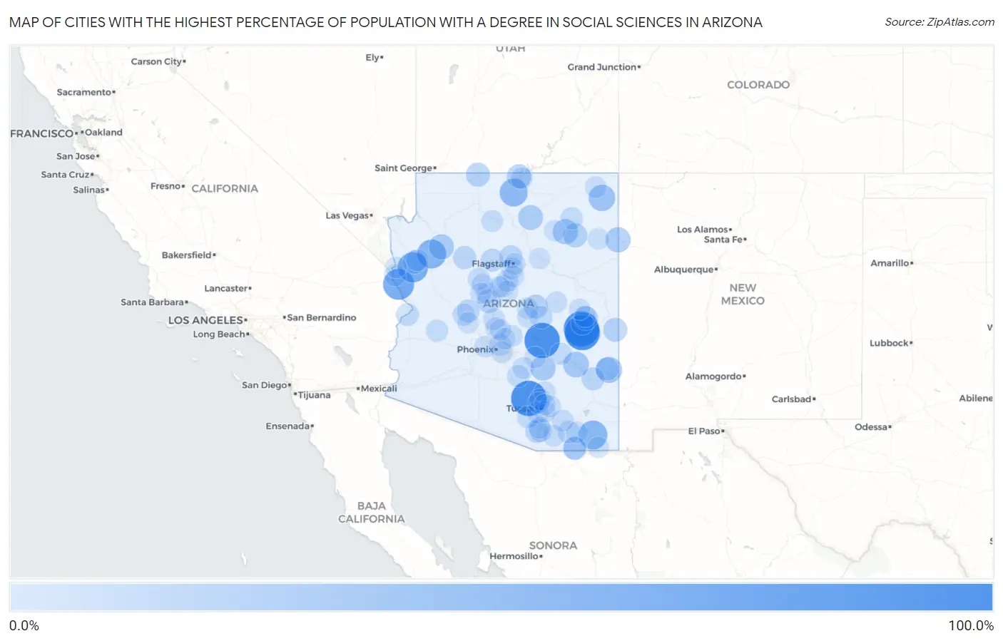 Cities with the Highest Percentage of Population with a Degree in Social Sciences in Arizona Map