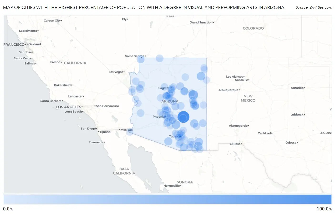 Cities with the Highest Percentage of Population with a Degree in Visual and Performing Arts in Arizona Map