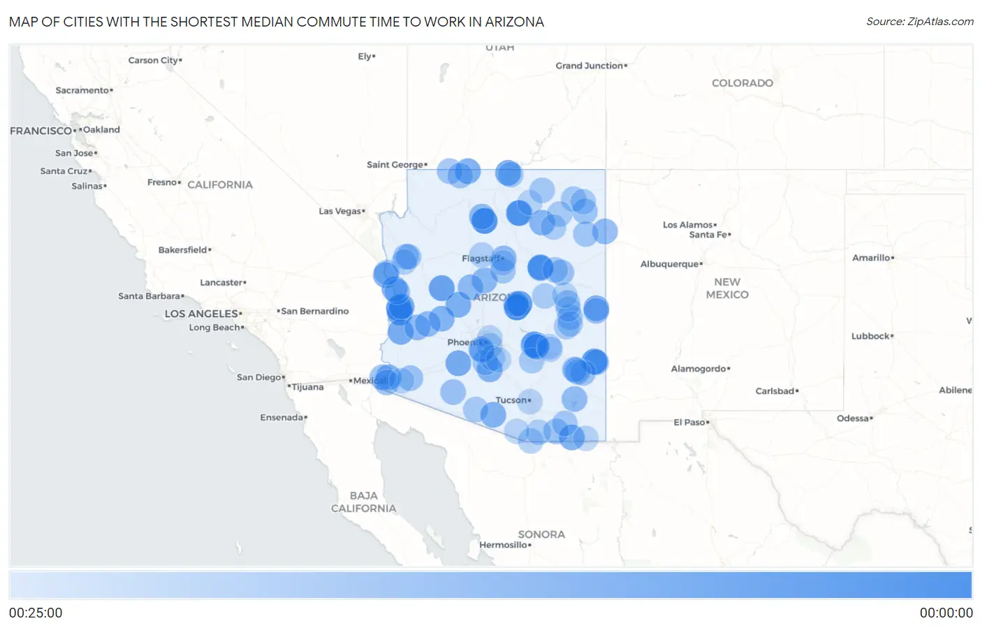 Cities with the Shortest Median Commute Time to Work in Arizona Map